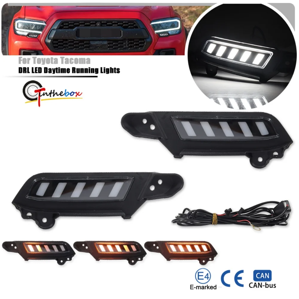 Sequential Amber LED Car Front Turn Signal Lights w/ White DRL Daytime Running Lights Driving Lights For Toyota Tacoma 2016-2023