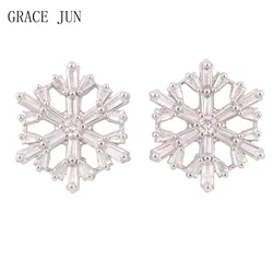 GRACE JUN Top Quality Cubic Zircon Snowflake Shape Clip on Earrings No Pierced Fashion Christmas Xmas Cuff Fake Piercing Earring