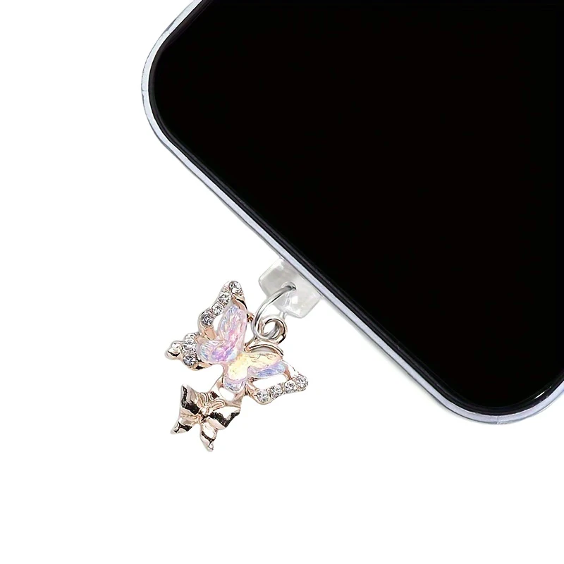 1PC New Butterfly With Artificial Diamonds Accessory Decoration For Phone Type-c Port Mobile Phone Dust Plug Pendant image 4