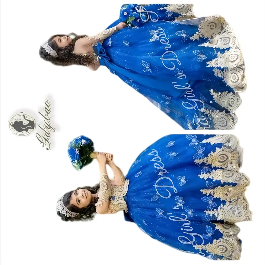 

Изысканное королевское синее платье для девочек на свадьбу с пышной юбкой, кружевными аппликациями в виде бабочек и бисером