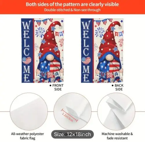 Patriotic-July  4th Gnomes Welcome Double Sided Garden Flag 12x18-100% Polyester