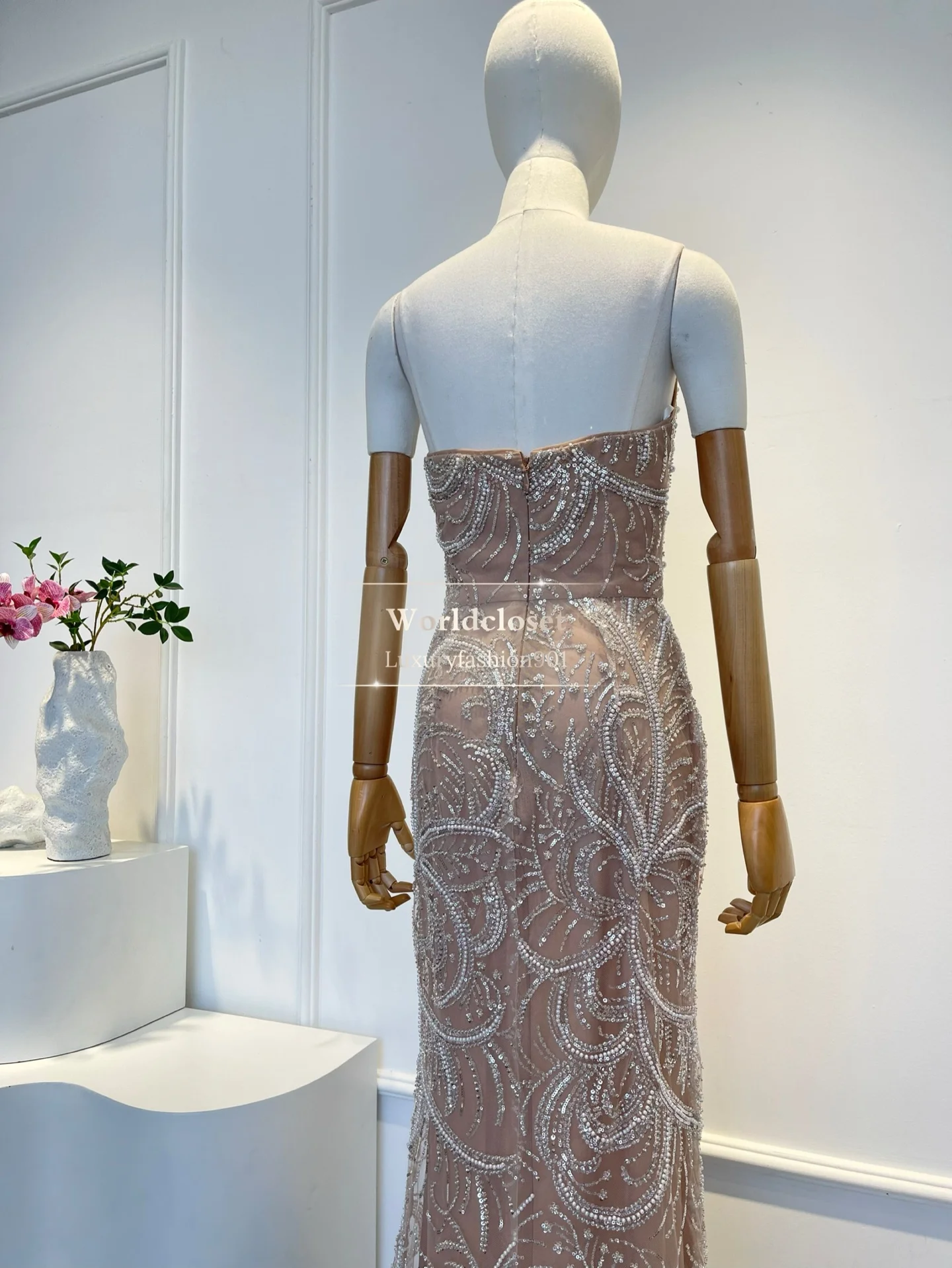 

Nude Colors Sleeveless Pearls Sequins Tube Backless Maxi Dress