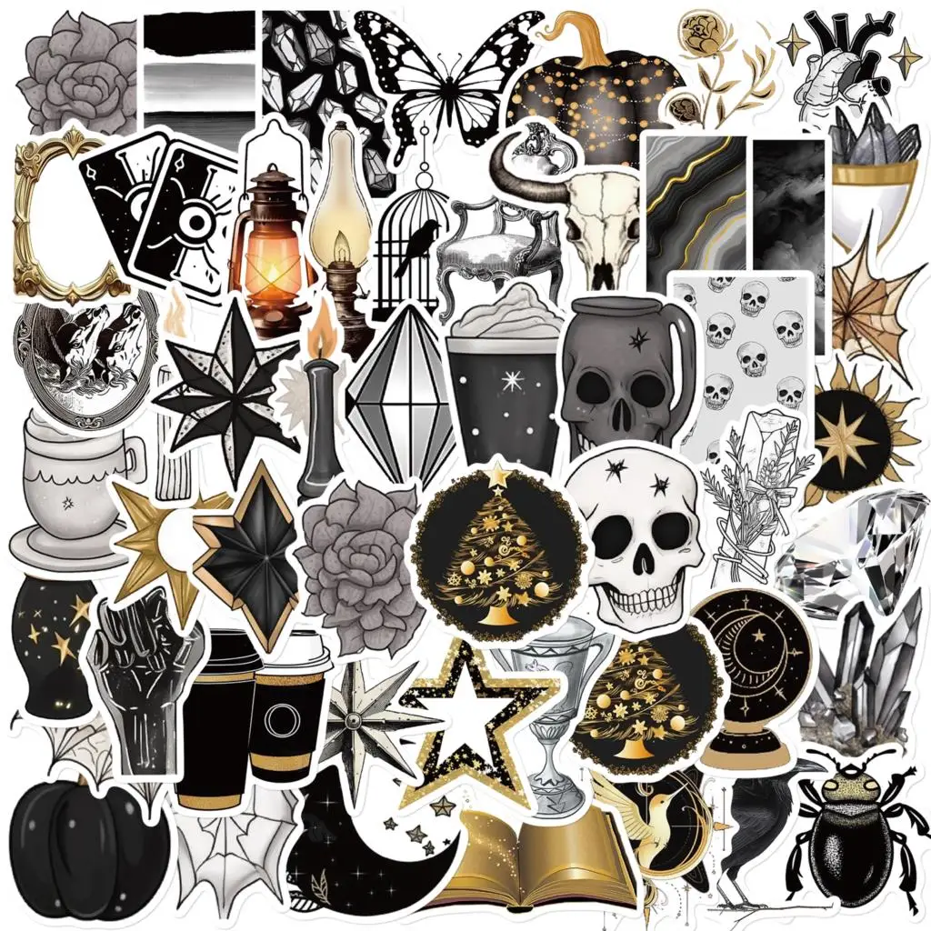 

50PCS Black Gold Series Gothic Style Stickers Decoration Skateboard Bicycle Guitar Laptop Kids Waterproof Graffiti Stickers
