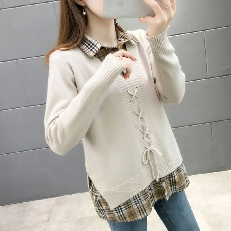 

Fashionable Shirt Collar Fake Two-piece Sweater for Women's Spring and Autumn New Loose Outer Base Top Trendy