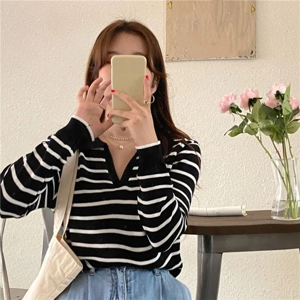 

Elegant V-neck Stripe Long Sleeve Top Slim Fit Thin Y2k Patchwork Knitwear Lapel Pullover Stripe T-Shirt Office
