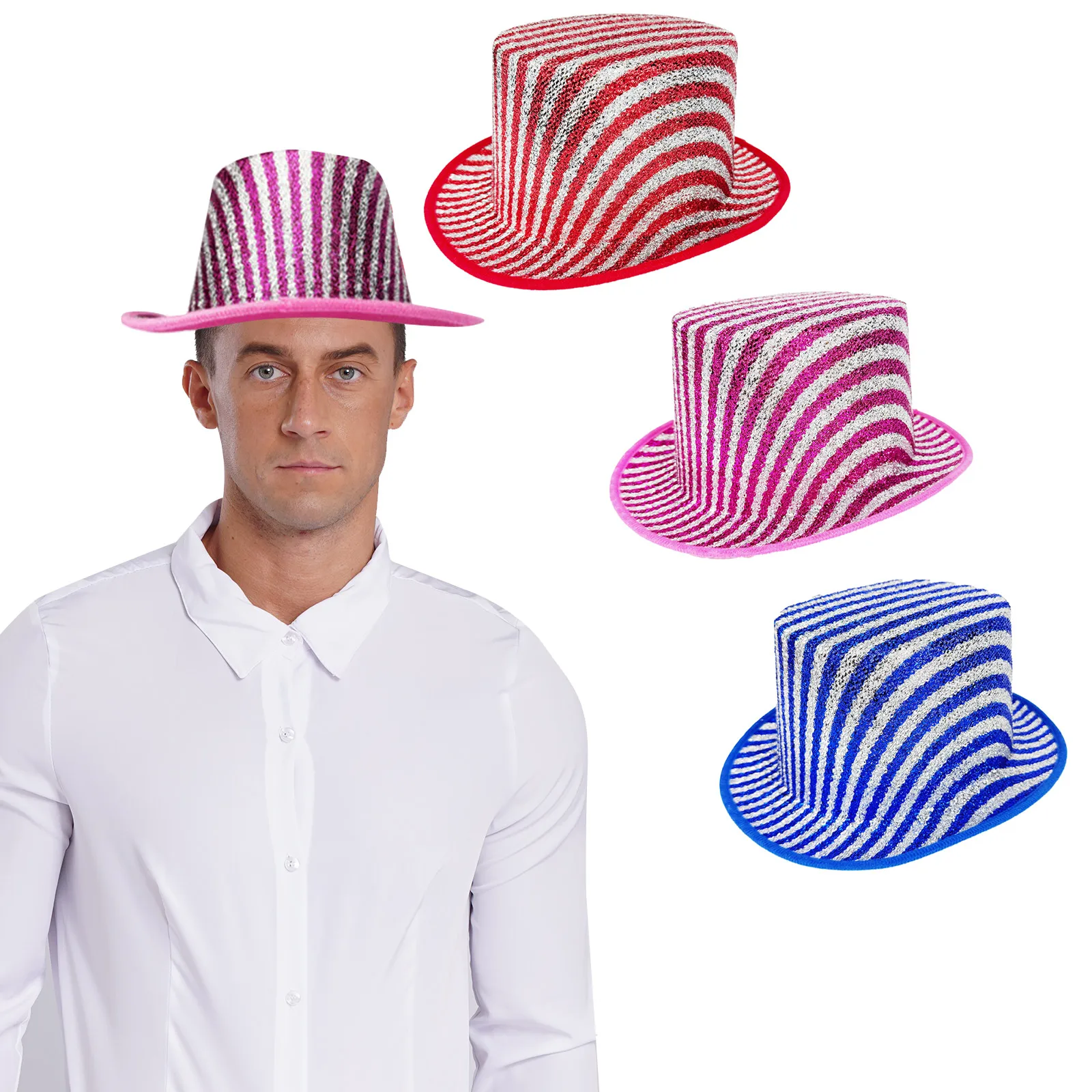 Unisex Circus Color Block Striped Glittery Top Hat Costume Accessory Party Props Supply for Stage Performance Halloween Carnival