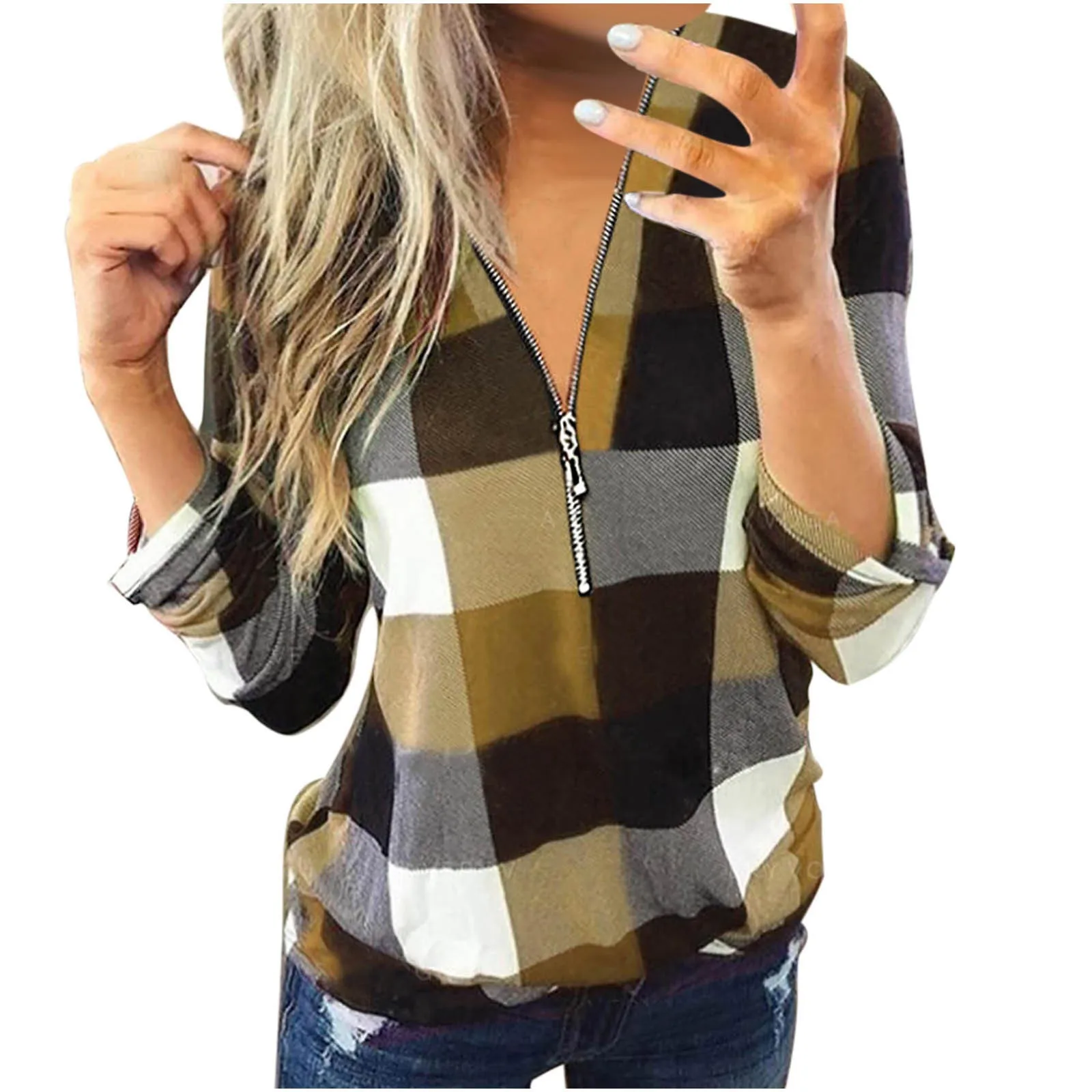 Women\'s Tops Casual Cotton Long Sleeve Plaid Shirt Slim Zipped V Neck Plaid Tunic Shirt Blouses