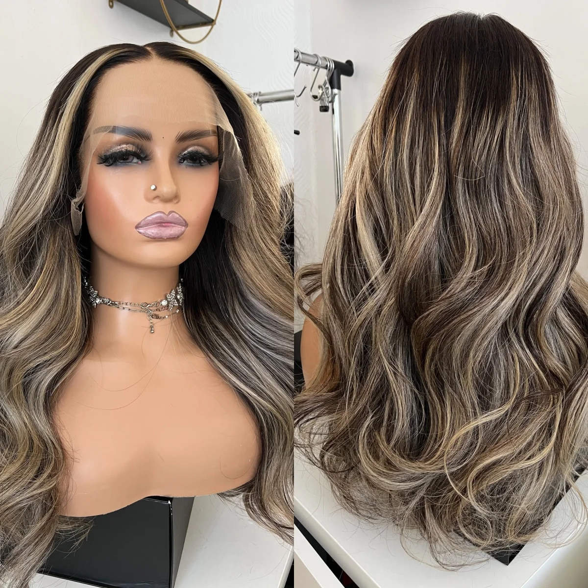 

Мягкие темные парики со светлыми бликами 24-дюймовые волнистые парики средней длины средней длины, 180% синтетические кружевные верхние парики высокой плотности