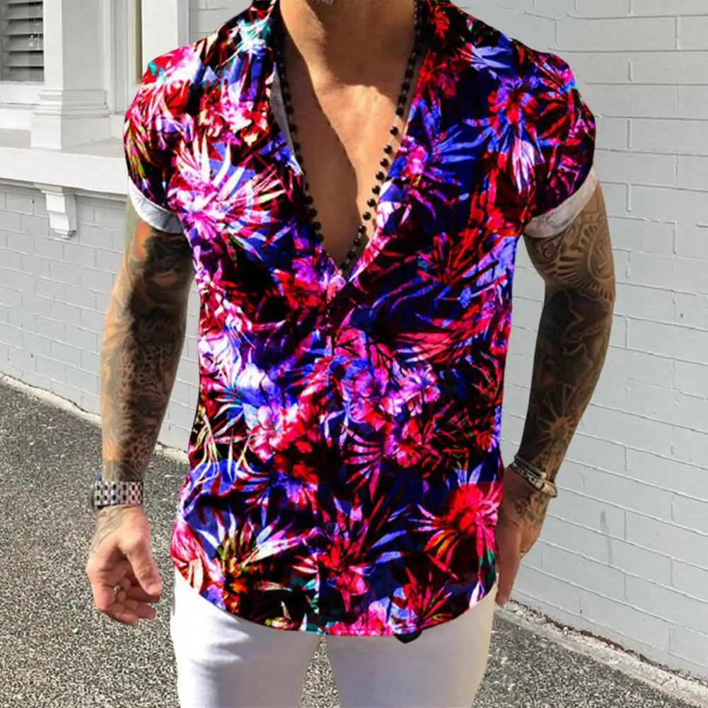 Eye-catching Men Shirt Breathable Men Summer Top Single-breasted Floral Pattern Men Shirt  Clubwear