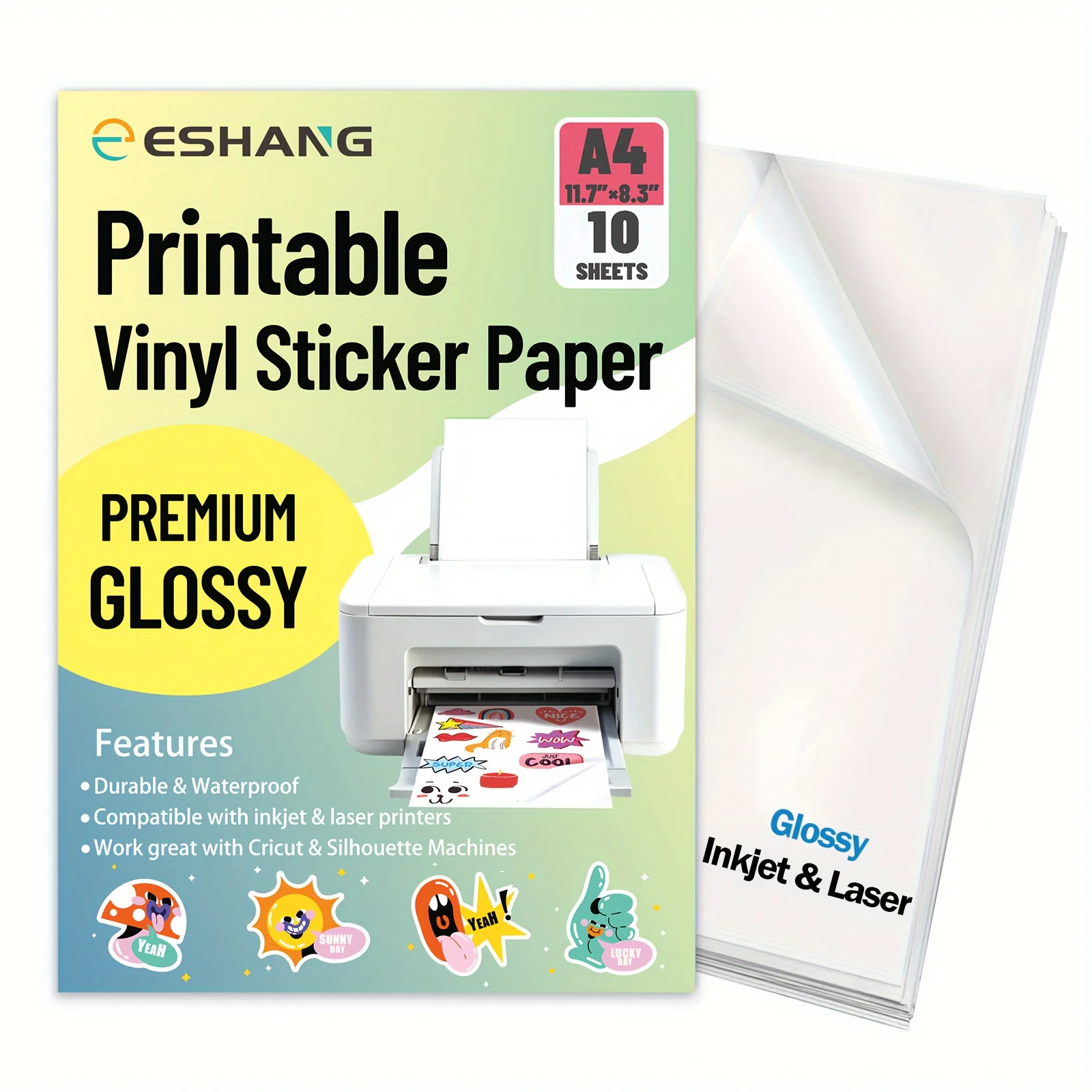 

10 Sheets Glossy Vinyl Stickers A4 Size Self-Adhesive Waterproof Compatible with Inkjet & Laser Cut Label for Home Office