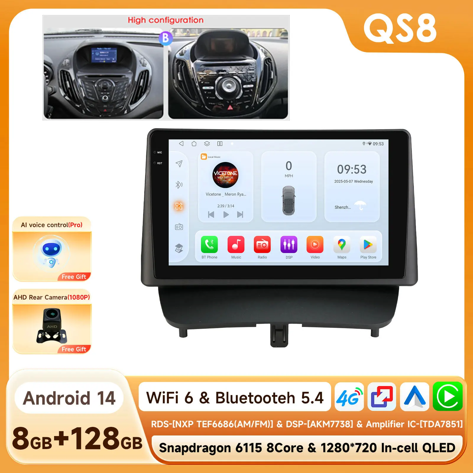 Hizpo 8-Core Android 14 Intelligente autoradio voor Ford Transit/Tourneo Courier 2013-2021 CarPlay 4G BT met Qualcomm Snapdragon 6115