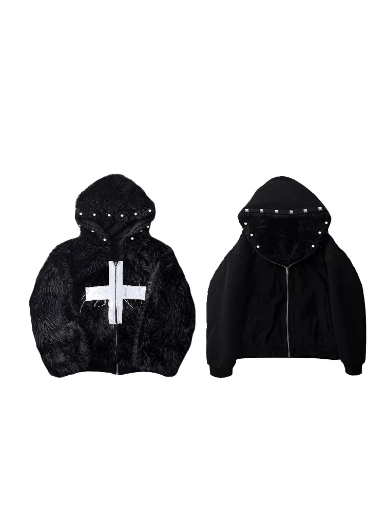 

Y2K ретро свободный кожаный воротник на молнии кардиган серый крест с капюшоном мужская и женская спортивная одежда зимний принт повседневный дизайн тонкий fi