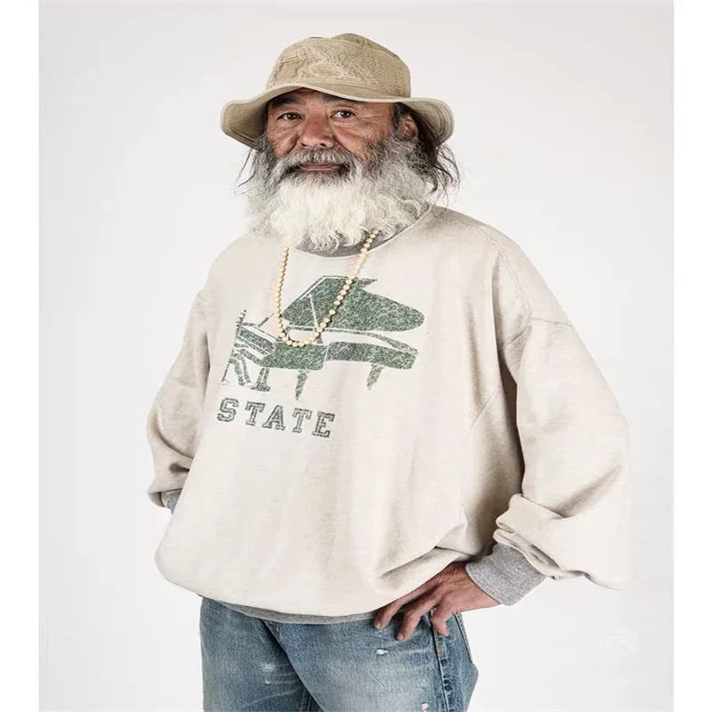 

20AW KAPITAL Хирата и Хироши с запахом и рукавами «летучая мышь» из чистого хлопка с круглым вырезом и принтом