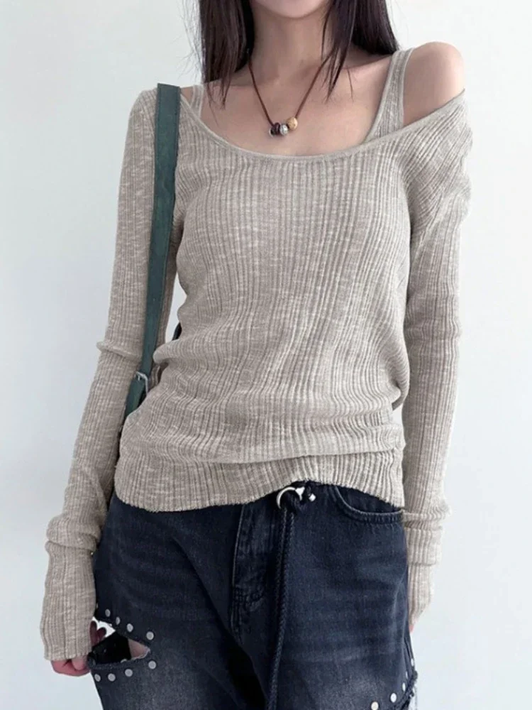 

Simple Casual Solid Two Pieces Set Y2k Aesthetic Knitted All Match Ins Tanks + Autumn Vintage Grunge Long Sleeve Women T-shirts