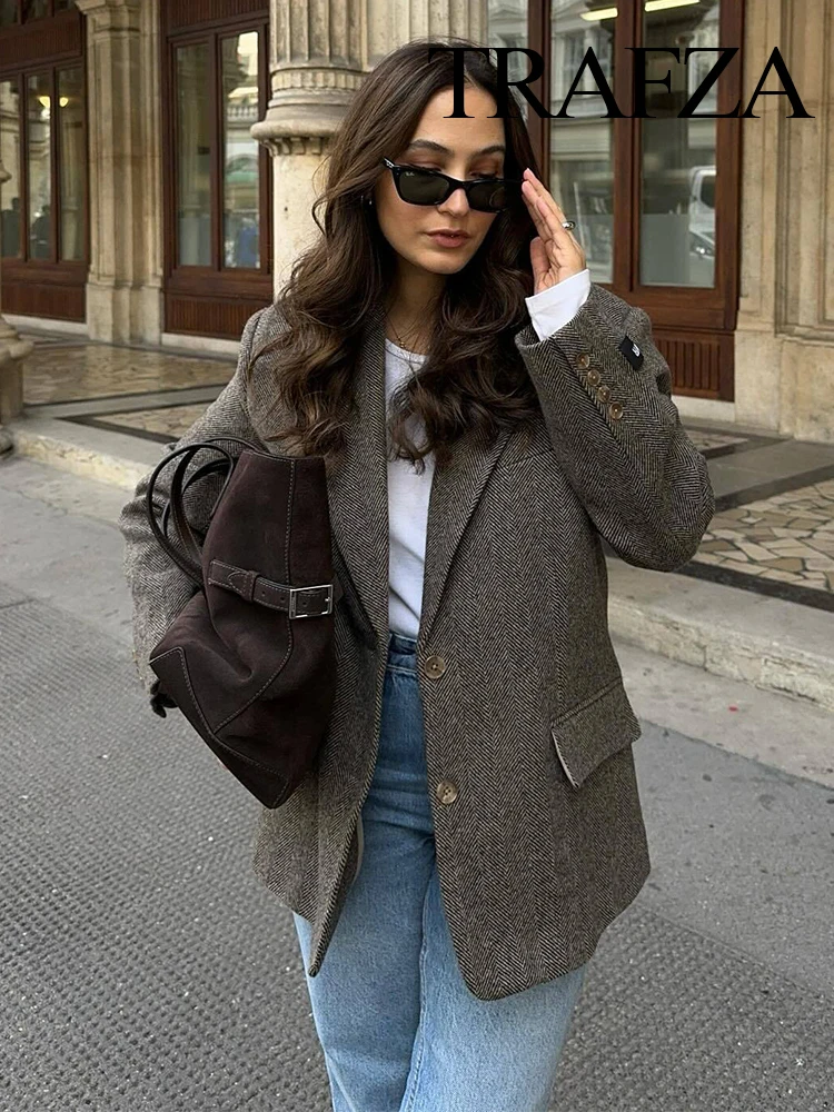 TRAFZA Women's Fashion Herringbone Wool Blazer Female Retro Casual Versatile Turn Down Collar Long Sleeve Daily Commuting Jacket