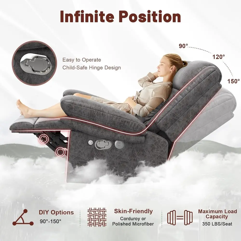 أريكة قابلة للاستلقاء بثلاثة مقاعد مع مسند ظهر قابل للتعديل ومنافذ USB وحاملات أكواب لغرفة المعيشة واستخدام RV