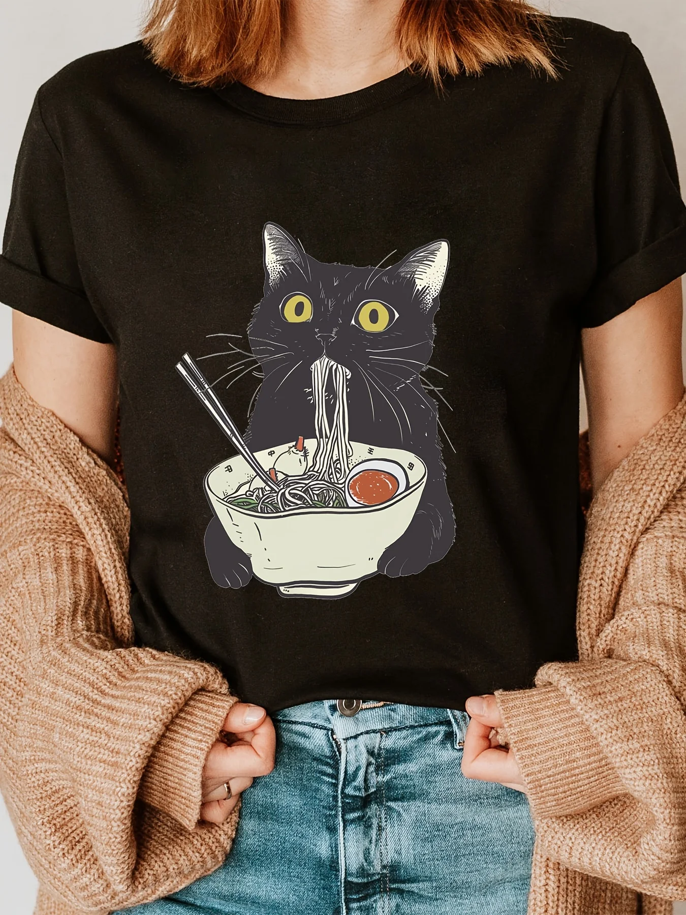 

Женская футболка больших размеров с графическим принтом «Черный кот», из чистого хлопка, дышащая, стильная, универсальная, уличная одежда больших размеров