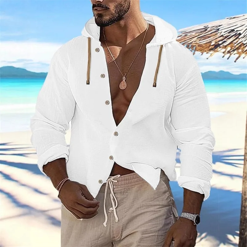 New Spring and Summer Men's Hooded Inch Shirt Solid Color Cotton Linen Men's Casual Long-sleeved Button Spliced   hooded Top