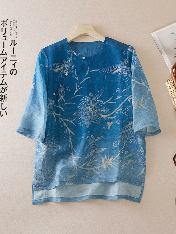 

Восковая краска с цифровой печатью, повседневный летний топ свободного покроя с пятью светами и пуговицами из бисера, этнический летний топ