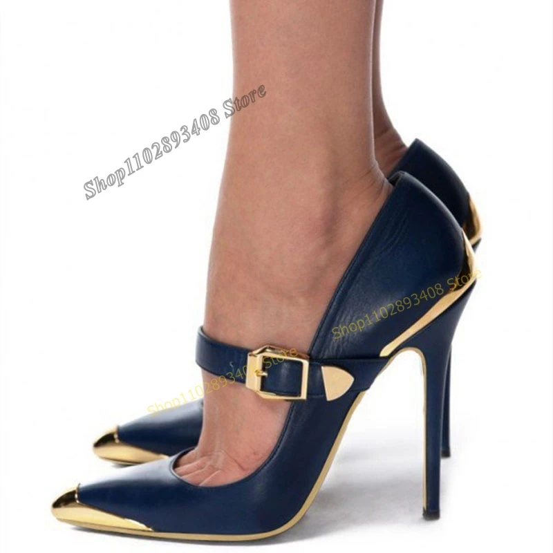 

Deep Blue Buckle Strap Shallow Pumps Pointed Toe Stilettos High Heel Women Shoes 2023 Summer Fashion Sexy Zapatos Para Mujere