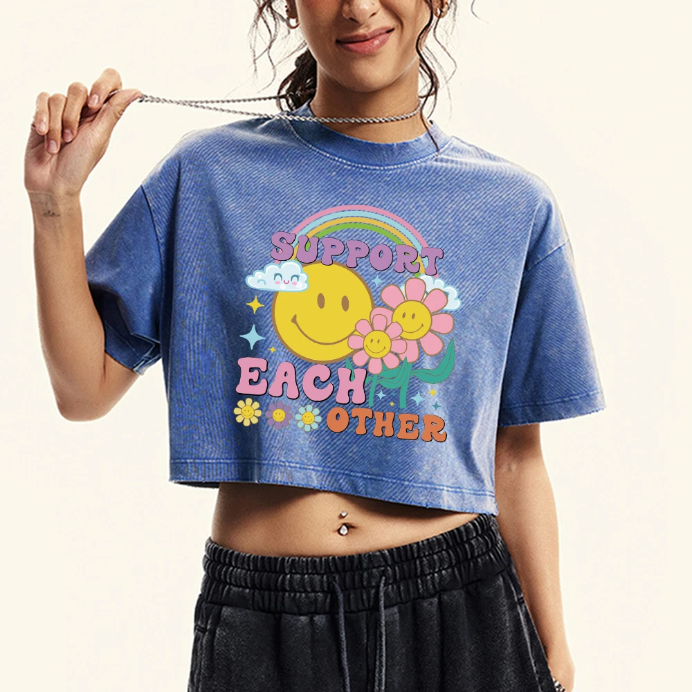 Support Each Other Rainbow Flowers Printing Washed T-Shirt Women Summer Cotton Tops Fashion Fitness Tee Shirts All-Match T Shirt