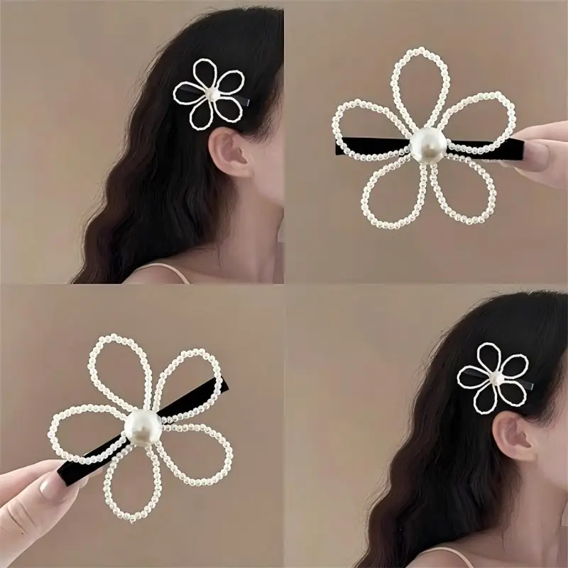 

Designer style pearl flower hairpin side clip for 2025 new classic high-end side parting hair clip side beak head accessory