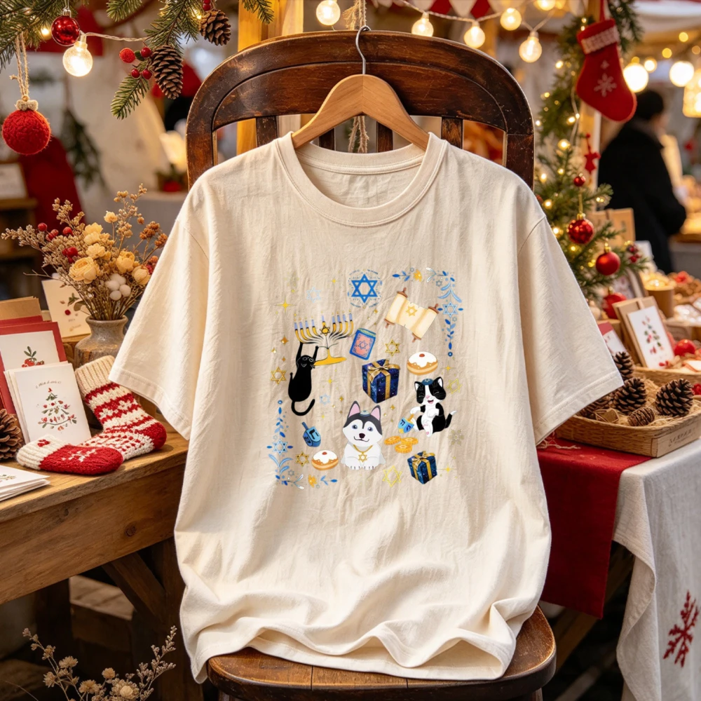 Hanukkah Husky Dog Cat Menorah Star of David Gift Donut Scroll Graphic Print Casual Tops Cute Jewish Holiday Streetwear T-Shirt