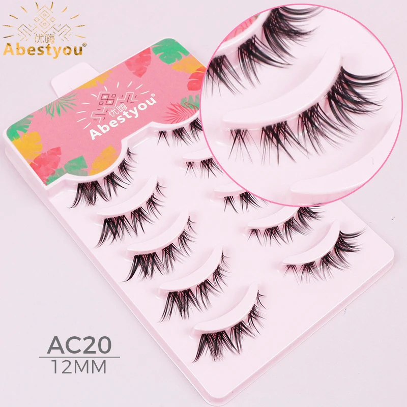 アベストユー 5ペア ショート インビジブル クリアバンド キャットアイ フェイクミンク ラッシュ 5-12mm ナチュラル 薄い 軽い ウィスピー 再利用可能 フルストライプ つけまつげ