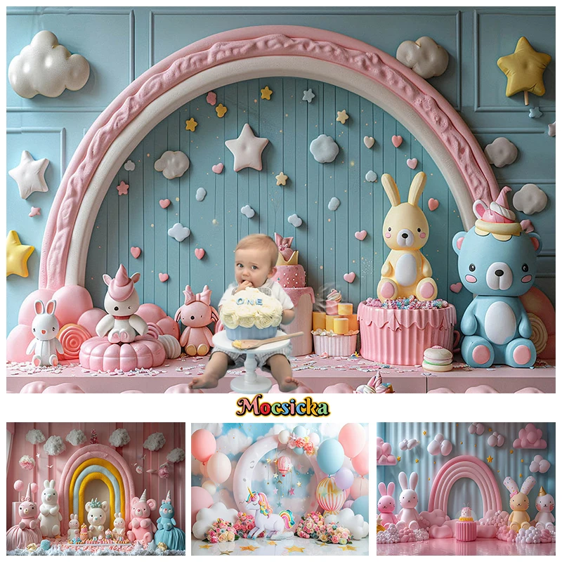 Birthday Backdrop For Photography Rabbit Rainbow Wall Star Love Dessert Cake Crush Background Decoration Photozone Photo Studio