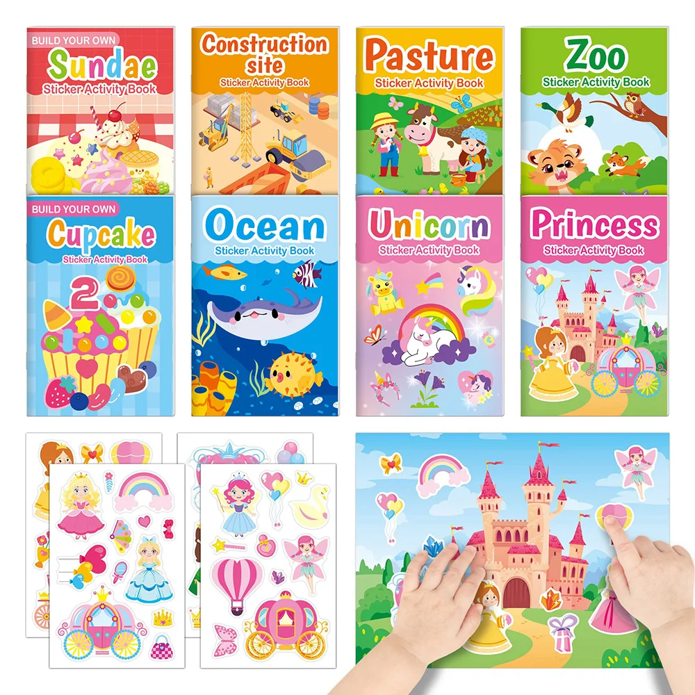 Sticker Acitivity Books Themes Make Your Own Funny Farm Castle Zoo Cute Animal Princess Unicorn Cars Stickers For Journey Birthd