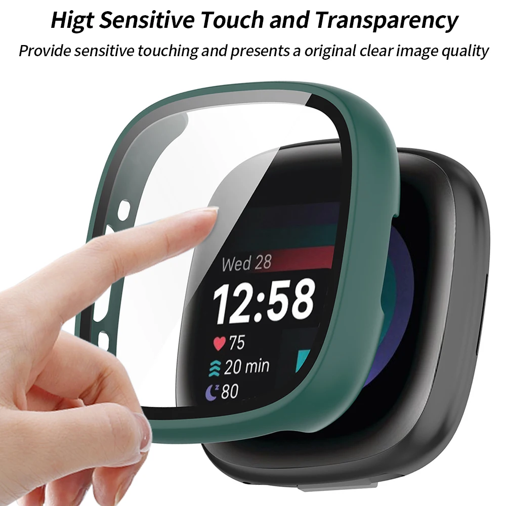 Vetro + custodia per Fitbit Versa 4 orologio paraurti protettivo Hard PC impermeabile Shell HD Screen Protector per Versa Sense 2 Watch Cover