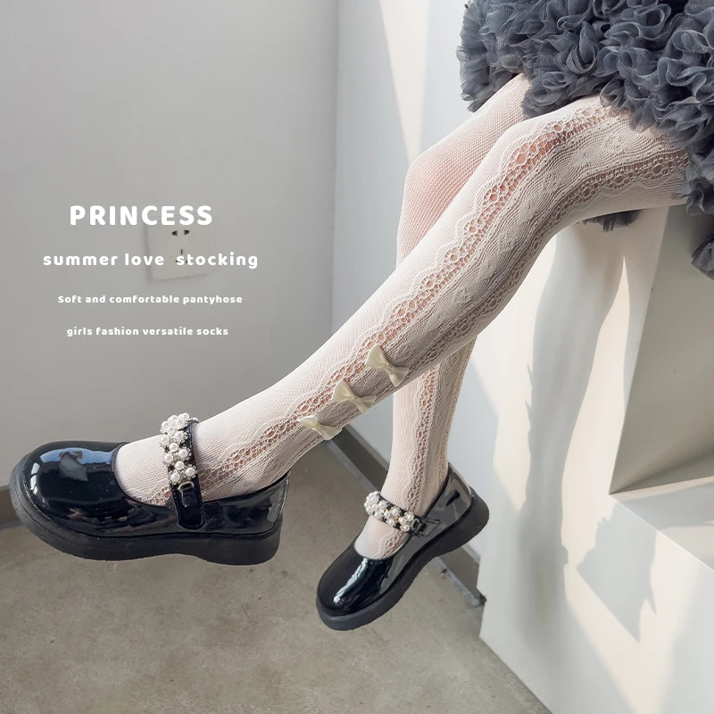 Summer Thin Footed Tights For Princess Girls Featured Heart Hollow Lace And Cute Triple Bow Accent Lightweight Stretch Pantyhose