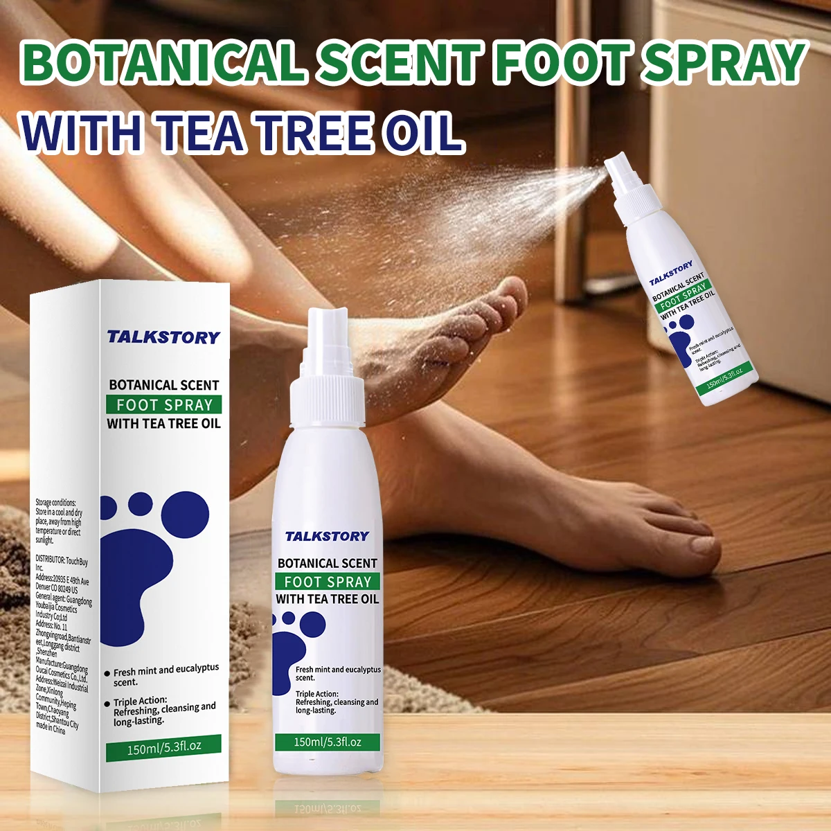 TALKSTORY Spray Desodorante para Pies con Aceite de Árbol de Té - Eliminador de Olores con Aroma Botánico para Pies y Zapatos - Menta Fresca y Eucalipto