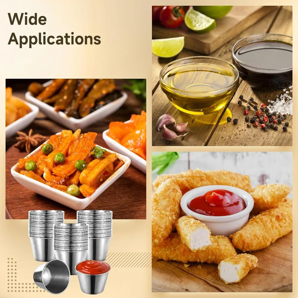 J1UL1N 60 Pcs Stainless Steel Sauce Cups, 2.2Oz Stainless Steel Dipping Sauce Cups,Reusable Round Dipping Bowls For Restaurant