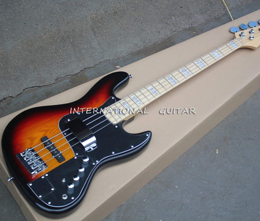 Tobacco Sunburst 4 Strings Ash Electric Bass Guitar with Active Circuit,Maple Fretboard,White Pearl Inlay,Customizable