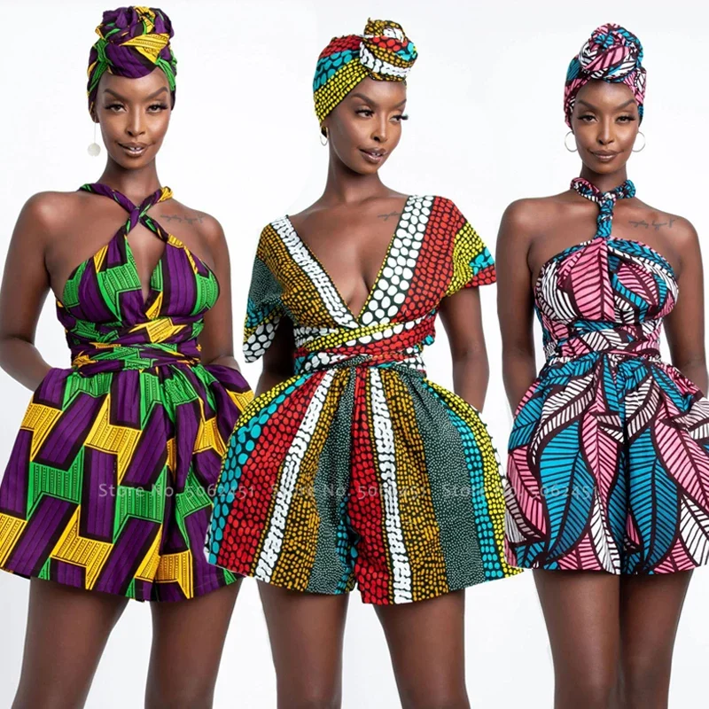 Pakaian wanita Afrika Jumpsuit Gambar Retro Dashiki India baju pendek rok Mini baju pesta mode Ankara gaun Vintage Kanga