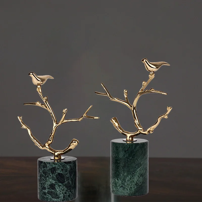 

Chinese Metal Handicraft Ornaments Golden Bird Branch Green Marble Base Abstract Animal Sculpture Home Decoration Figures