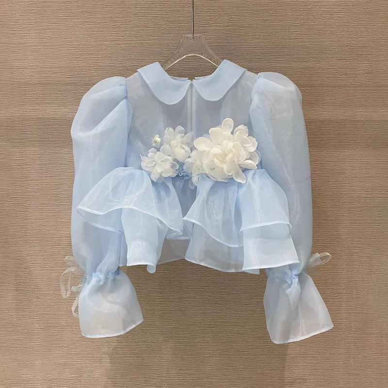 2023 Summer New Organza 3D Flower Blouse for Women Puff Sleeve Ruffled Shirt Perspective Fashion Elegant Top Camisas Mujer Y3962