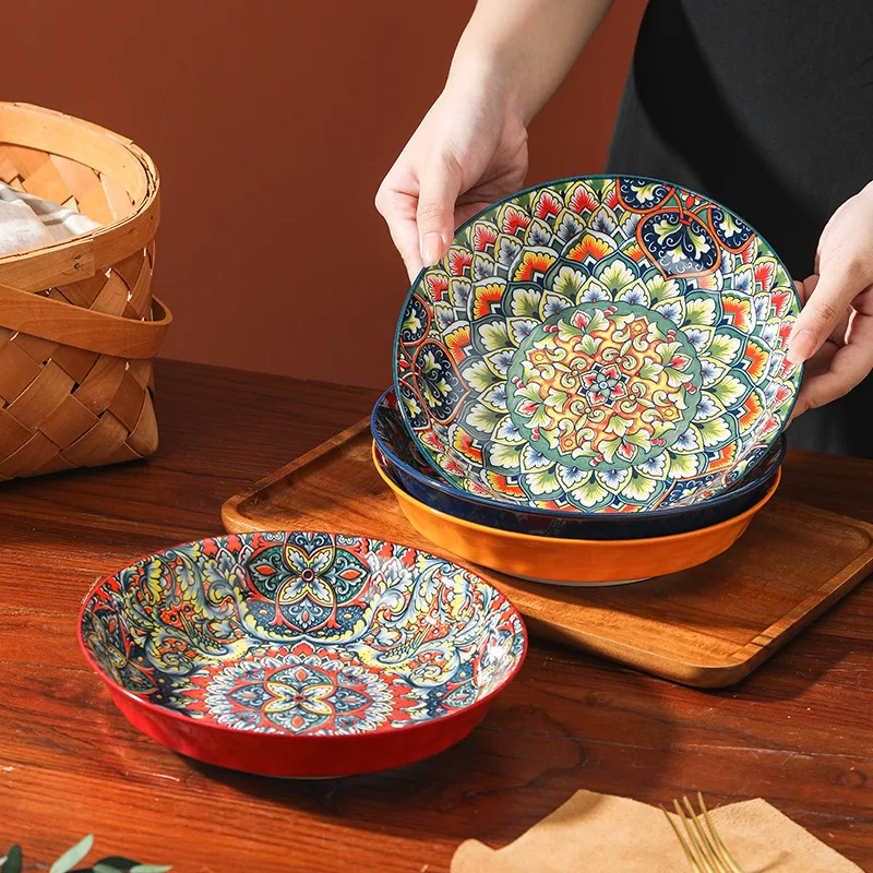 Bohemian Round Plate Mixed Underglaze Color Deep Plate 8 Inch Heat Resistant Dish For Home Restaurant Use