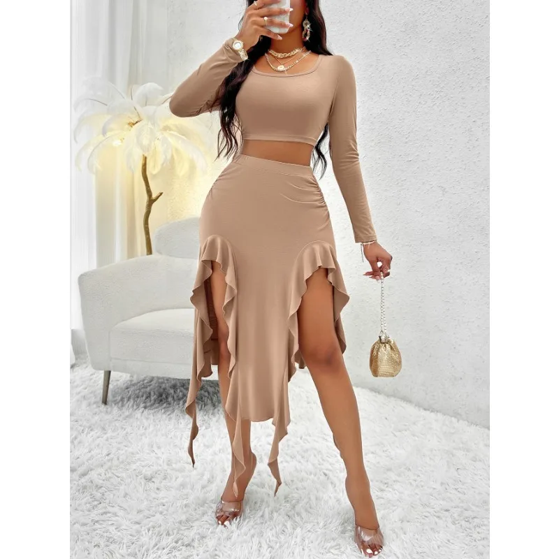 

Sexy Spicy Girl Round Neck Long Sleeve Top & Asymmetrical Ruffled Skirt Set 2024 INS Summer New Women's Fashion Slim Skirts Sets