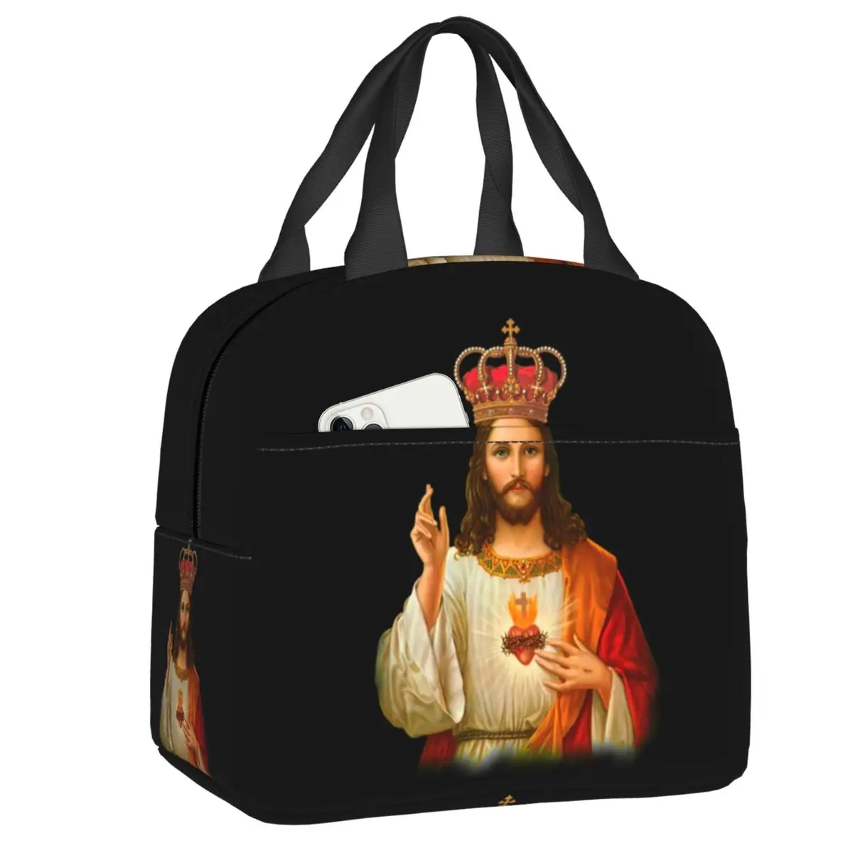 

Custom Jesus Christ Sacred Heart Portable Lunch Box for Women Waterproof Thermal Cooler Food Insulated Lunch Bag Office Work