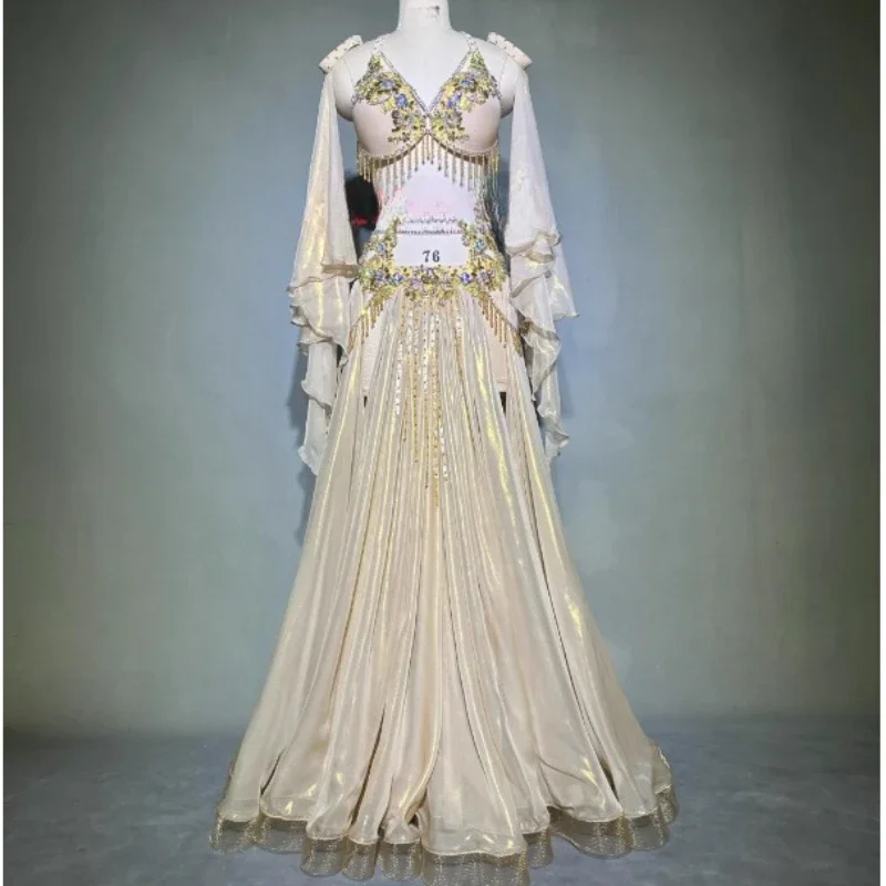 

Belly Dance Performance Set for Women Customized Senior AB Stones Bra+sexy Split Long Skirt+sleeves 3pcs Oriental Dancing Outfit