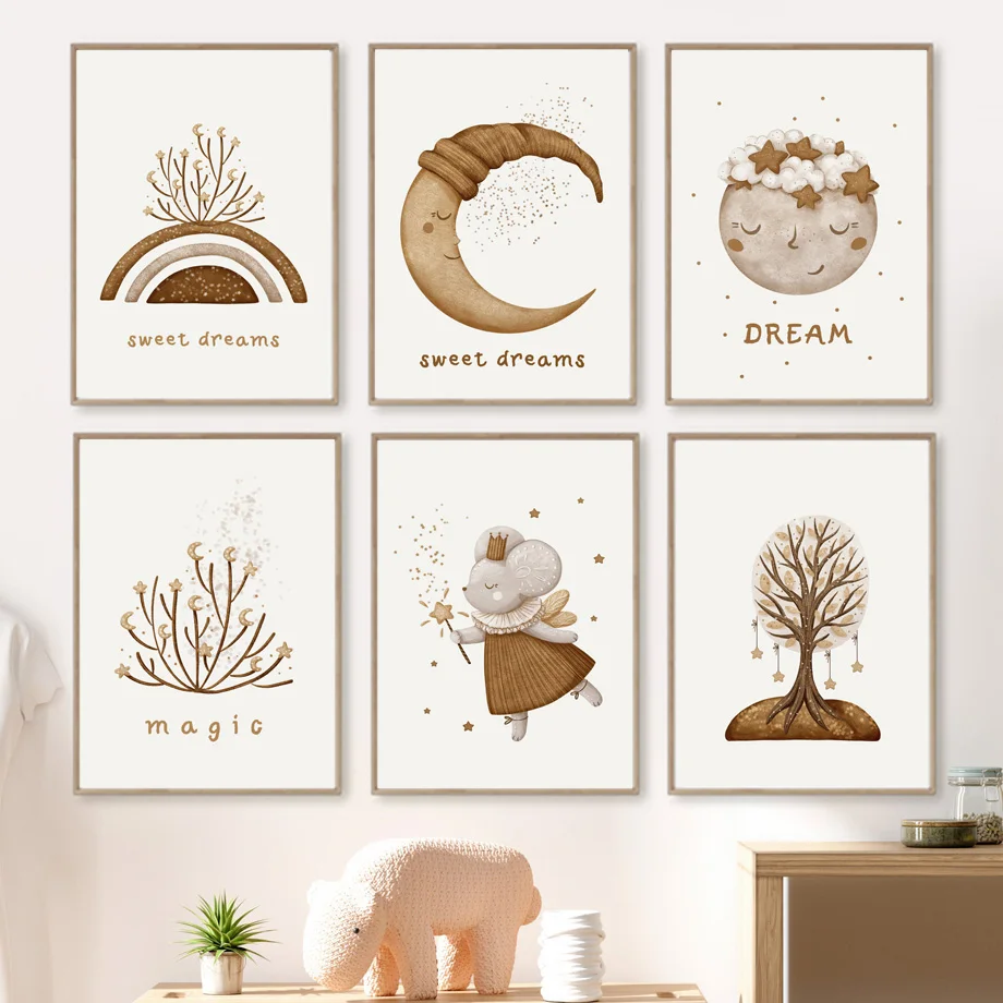 Boho Woodland Animal Children Moon Rainbow Mouse Magic Wall Art Canvas Painting Nursery Posters Pictures Baby BedRoom Home Decor