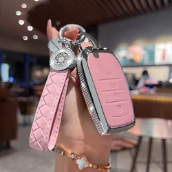 Compatible with Toyota Key Fob Cover with Keychain, Pink Genuine Leather Crystal Key Case Protection Shell for Avalon Camry Cor