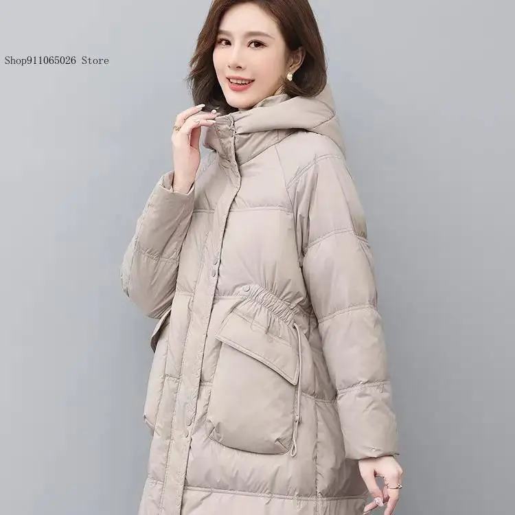 Spring and Autumn Winter Thick Outdoor Ins Wind Medium Long Simple Leisure White Duck Down Jacket for Women