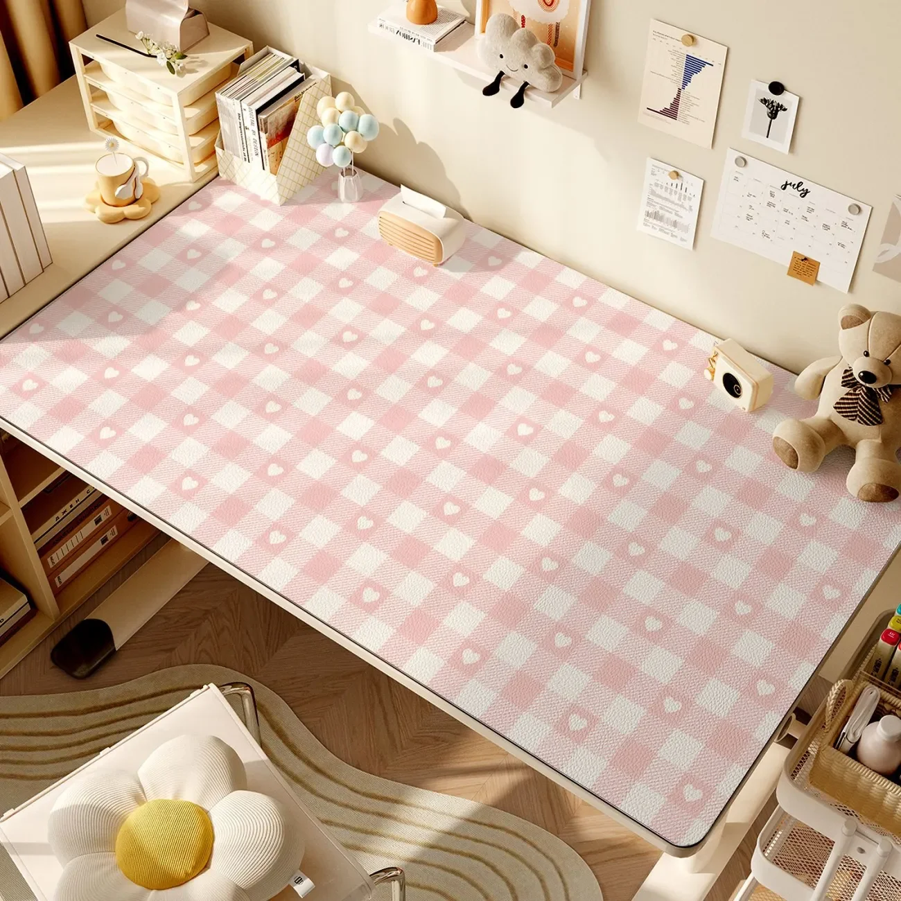Leather Desk Pad Protector Grid Love Heart Y2K Kawaii Mouse Pad Office Desk Mat Waterproof Non-Slip PU Desk Blotter Pad