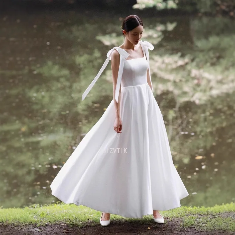 Vestidos de novia elegantes de satén blanco para mujer, sesión de fotos de Corea, correas ajustables, largo hasta el tobillo, vestido de novia con corsé en la espalda personalizado