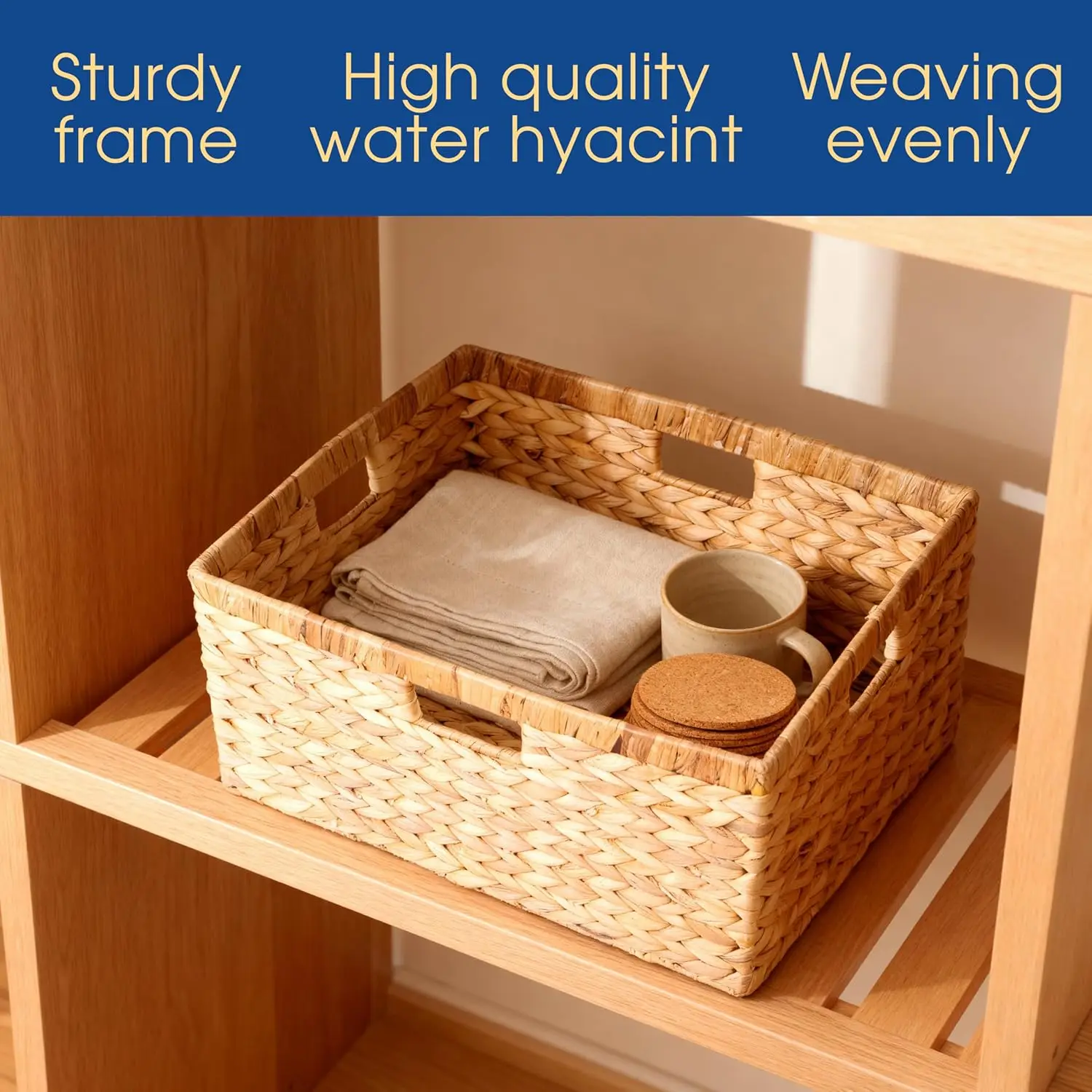 Natural Woven Storage Baskets Set of 3, Large Rectangular with Handles for Home Organization