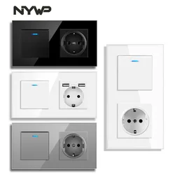 NYWP eu wall socket with rocker switch, 220v 16a socket with usb157*86 crystal glass panel with light switch 2 gang 1/2/ way