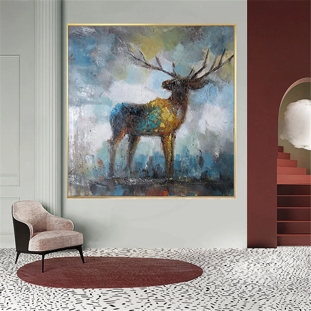 

Nordic Christmas Decor Gifts Handmade Animal Oil Paintings On Canvas Reindeer Wall Picture For Home Living Room Decor Artwork